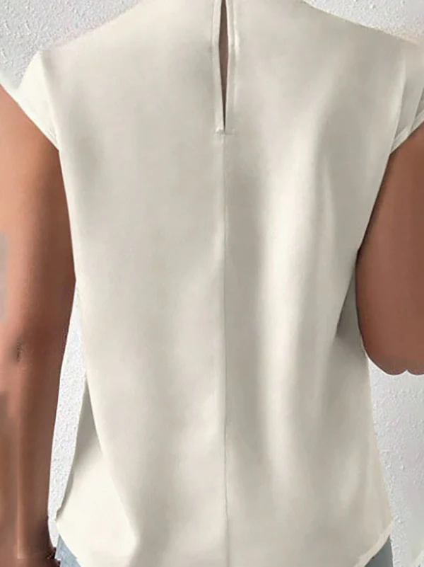 Loose Sleeveless Hollow Pleated Solid Color Mock Neck T-Shirts Tops - Image 8