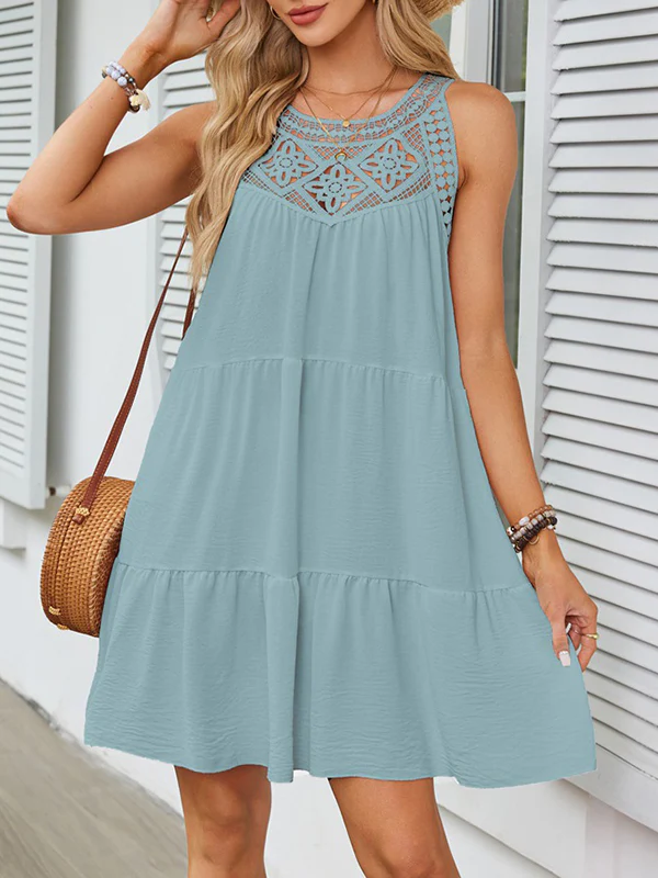 Loose Sleeveless Hollow Pleated Solid Color Split-Joint Round-Neck Mini Dresses - Image 2