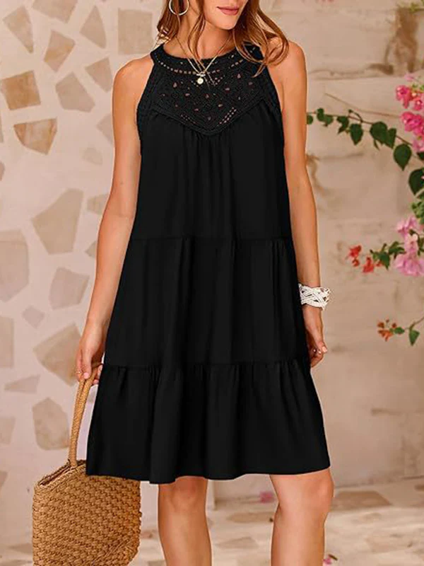 Loose Sleeveless Hollow Pleated Solid Color Split-Joint Round-Neck Mini Dresses - Image 5