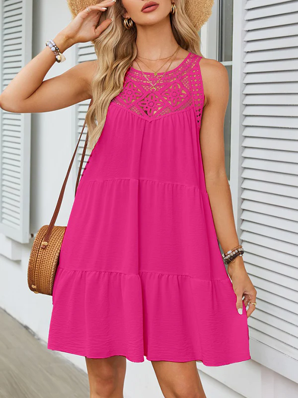 Loose Sleeveless Hollow Pleated Solid Color Split-Joint Round-Neck Mini Dresses - Image 6
