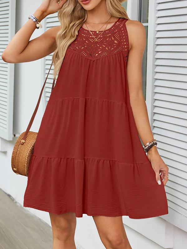 Loose Sleeveless Hollow Pleated Solid Color Split-Joint Round-Neck Mini Dresses - Image 9