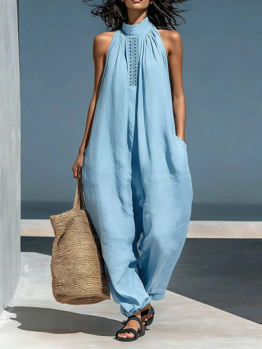 Loose Sleeveless Hollow Pockets Solid Color Mock Neck Jumpsuits - Image 2