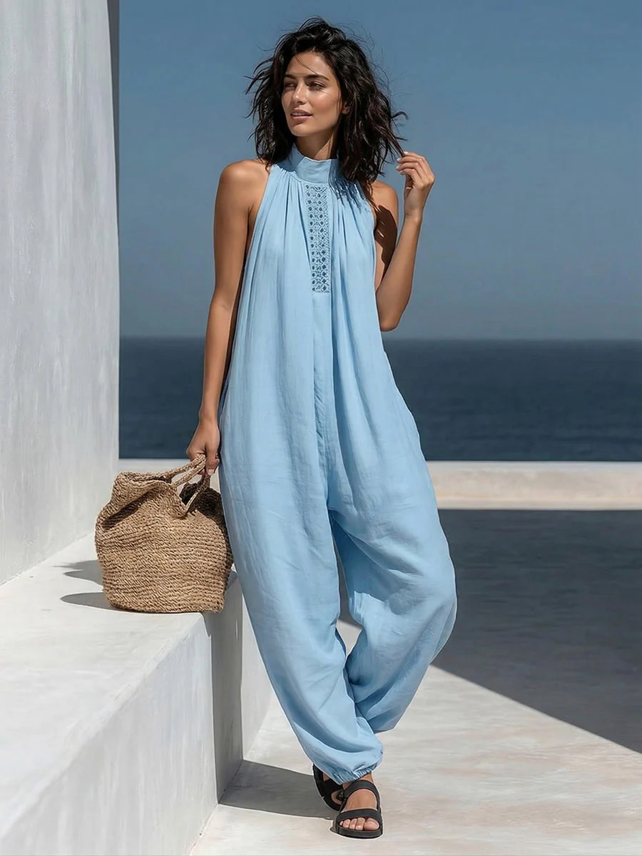 Loose Sleeveless Hollow Pockets Solid Color Mock Neck Jumpsuits - Image 3