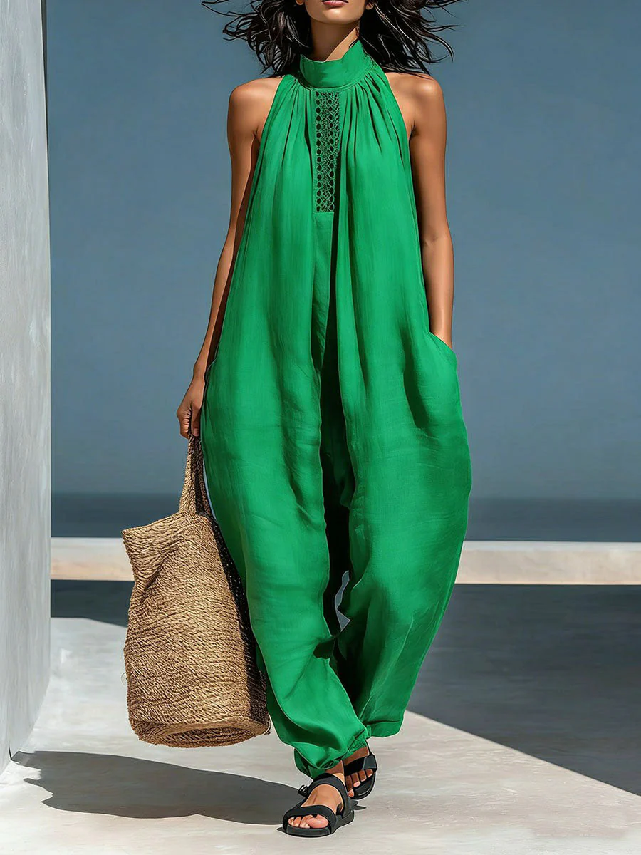 Loose Sleeveless Hollow Pockets Solid Color Mock Neck Jumpsuits - Image 4