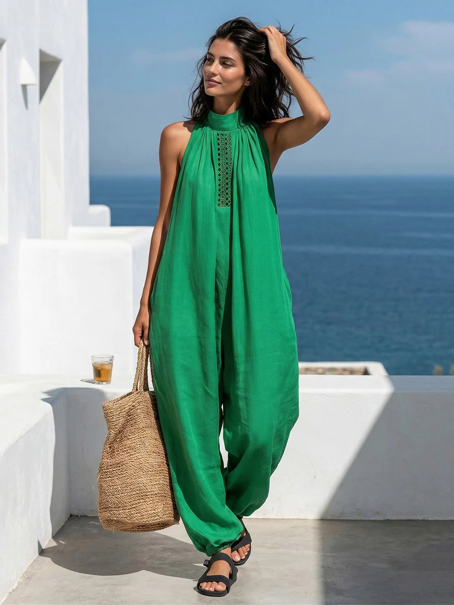 Loose Sleeveless Hollow Pockets Solid Color Mock Neck Jumpsuits - Image 5