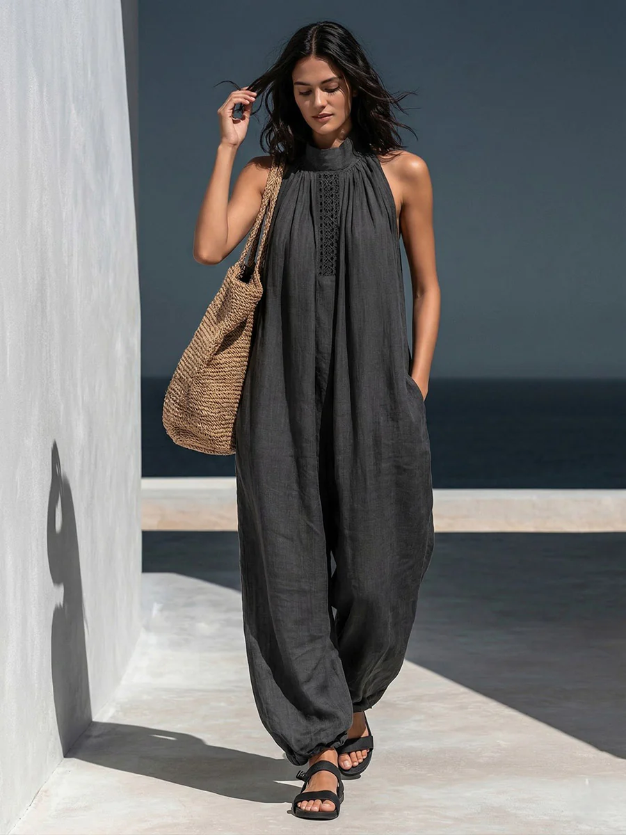 Loose Sleeveless Hollow Pockets Solid Color Mock Neck Jumpsuits - Image 6
