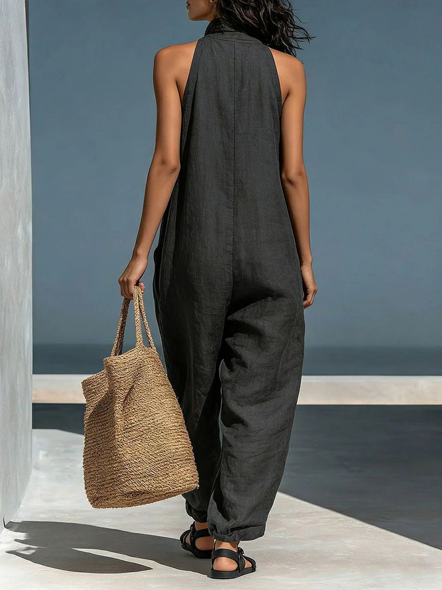 Loose Sleeveless Hollow Pockets Solid Color Mock Neck Jumpsuits - Image 7