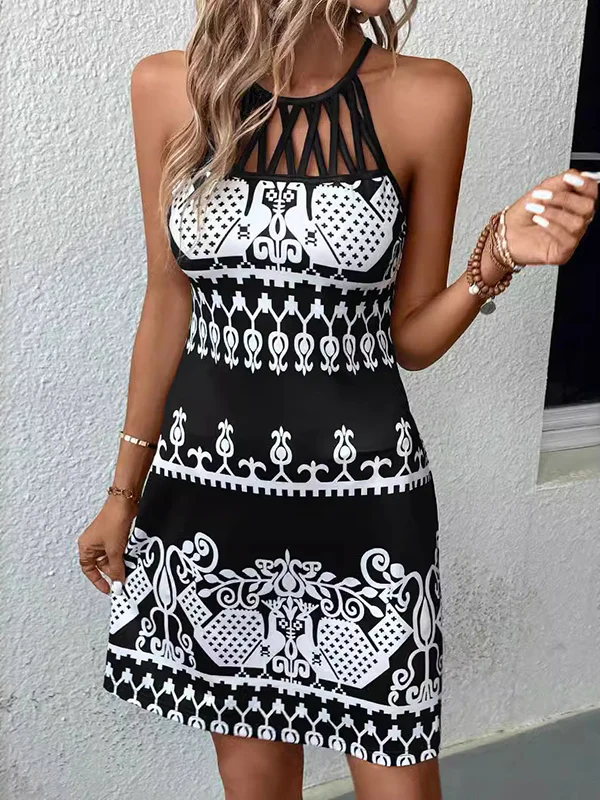 Loose Sleeveless Hollow Printed Split-Joint Halter-Neck Mini Dresses - Image 10