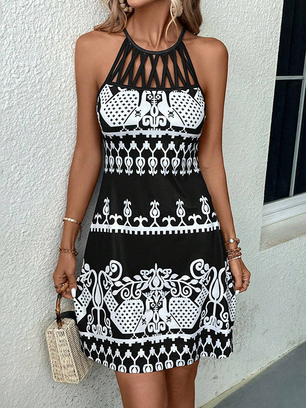 Loose Sleeveless Hollow Printed Split-Joint Halter-Neck Mini Dresses - Image 12