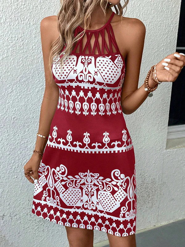 Loose Sleeveless Hollow Printed Split-Joint Halter-Neck Mini Dresses - Image 4