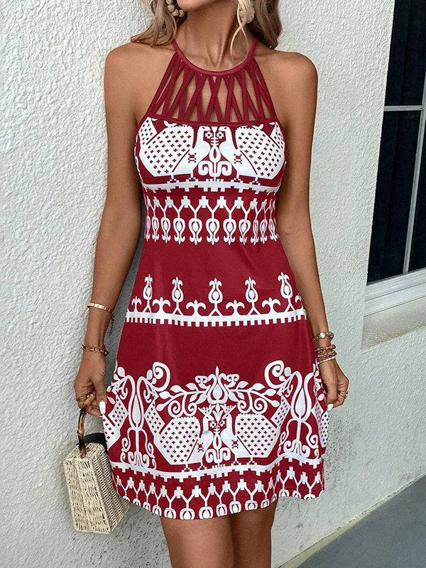 Loose Sleeveless Hollow Printed Split-Joint Halter-Neck Mini Dresses - Image 6