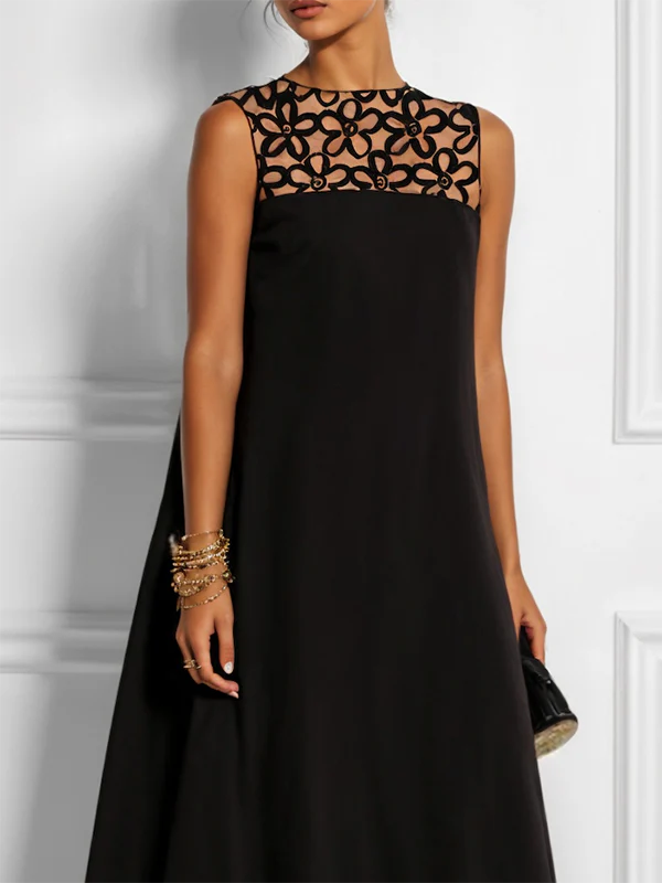 Loose Sleeveless Hollow Solid Color Split-Joint Round-Neck Maxi Dresses - Image 2