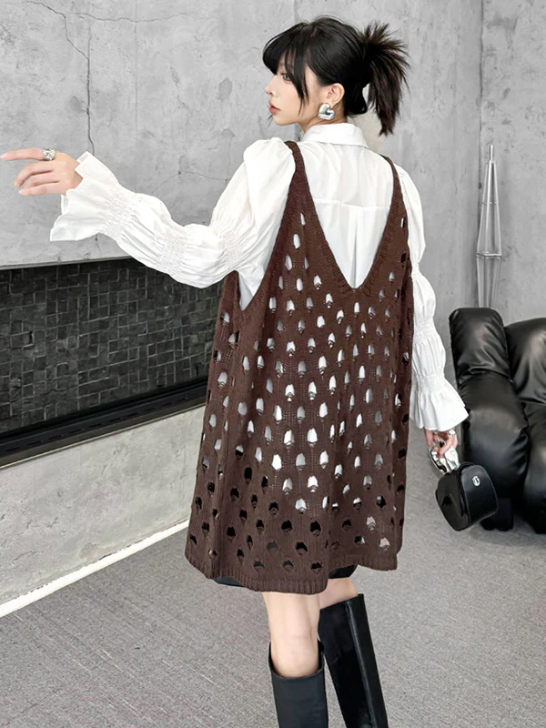 Loose Sleeveless Hollow Solid Color V-Neck Vest Top - Image 10