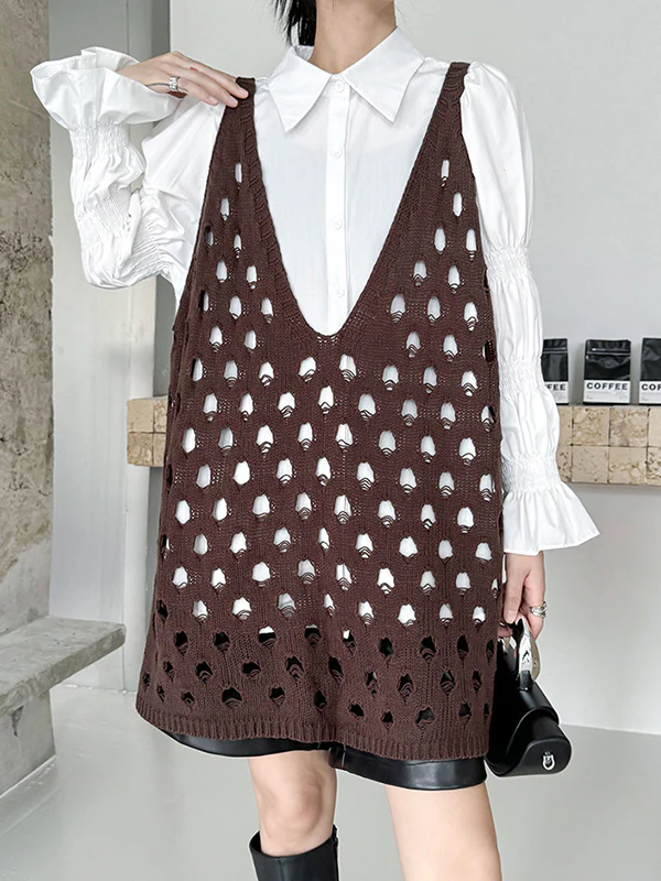 Loose Sleeveless Hollow Solid Color V-Neck Vest Top - Image 11