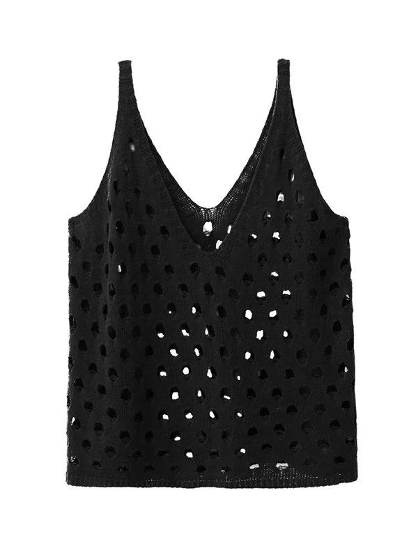 Loose Sleeveless Hollow Solid Color V-Neck Vest Top - Image 12
