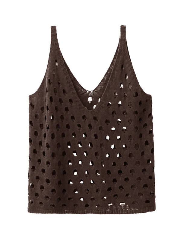 Loose Sleeveless Hollow Solid Color V-Neck Vest Top - Image 13