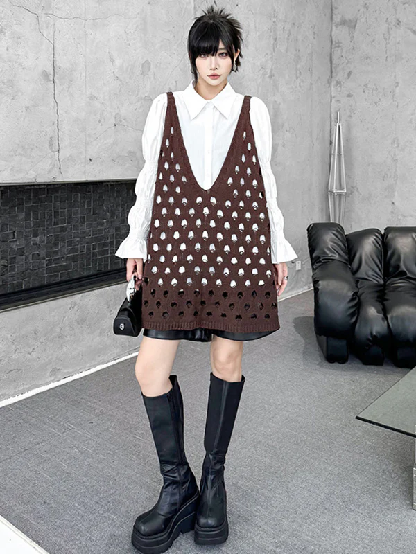Loose Sleeveless Hollow Solid Color V-Neck Vest Top - Image 4