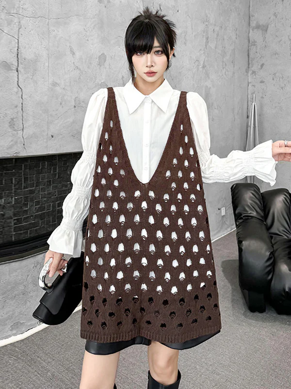 Loose Sleeveless Hollow Solid Color V-Neck Vest Top - Image 5