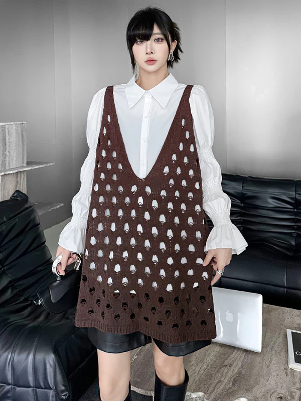 Loose Sleeveless Hollow Solid Color V-Neck Vest Top - Image 6
