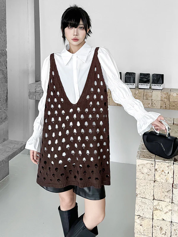 Loose Sleeveless Hollow Solid Color V-Neck Vest Top - Image 7