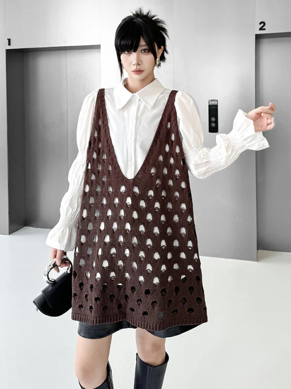 Loose Sleeveless Hollow Solid Color V-Neck Vest Top - Image 8