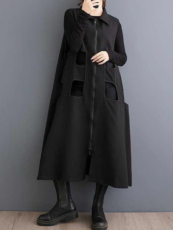Loose Sleeveless Hollow Solid Color Zipper Lapel Midi Dresses - Image 2