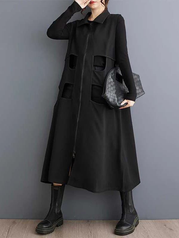 Loose Sleeveless Hollow Solid Color Zipper Lapel Midi Dresses - Image 3