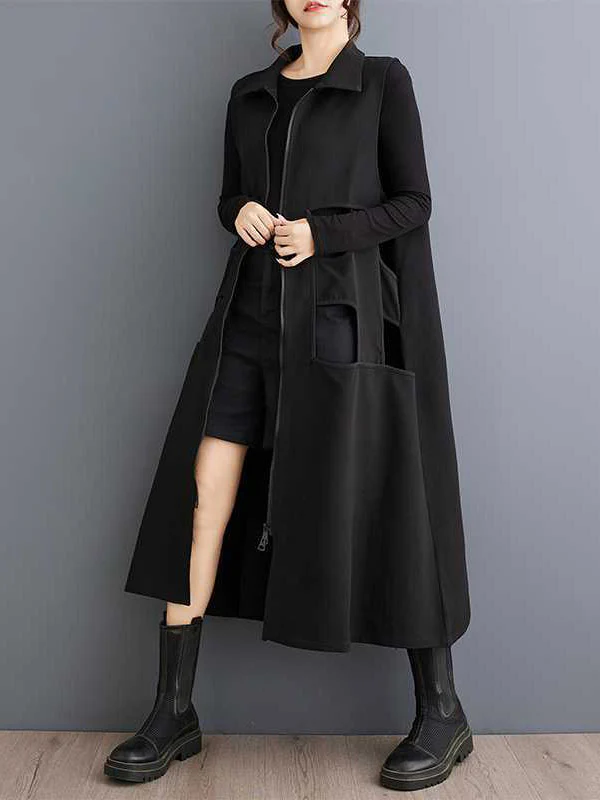 Loose Sleeveless Hollow Solid Color Zipper Lapel Midi Dresses - Image 4