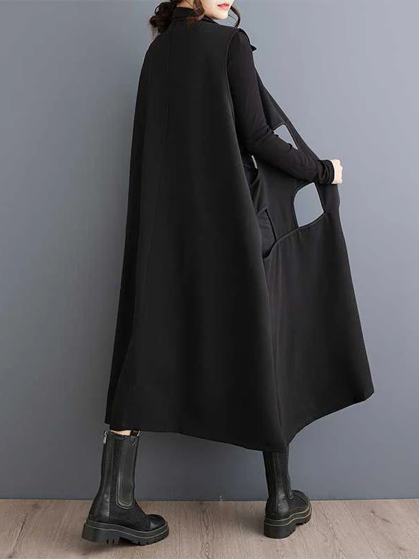 Loose Sleeveless Hollow Solid Color Zipper Lapel Midi Dresses - Image 5