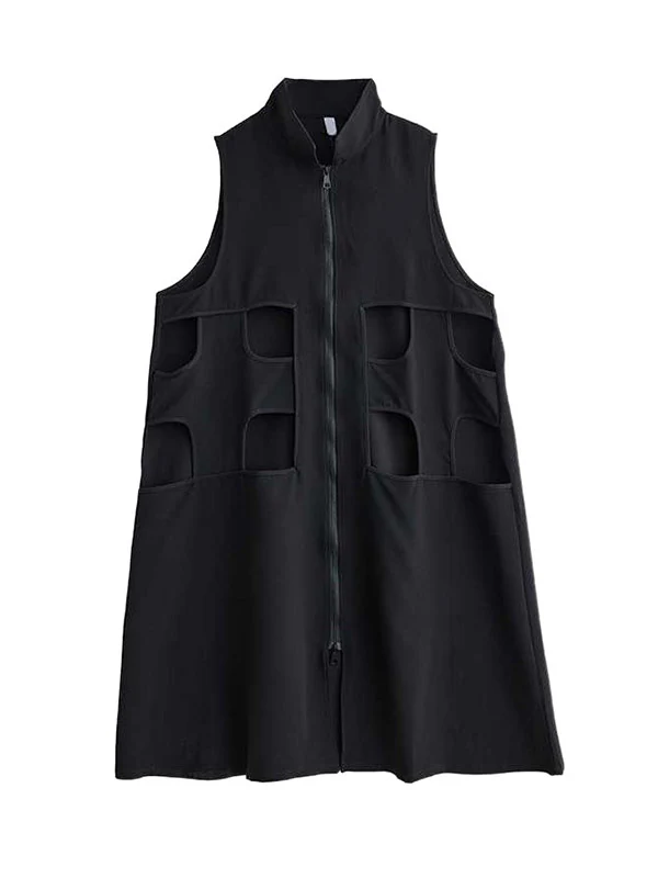 Loose Sleeveless Hollow Solid Color Zipper Lapel Midi Dresses - Image 6
