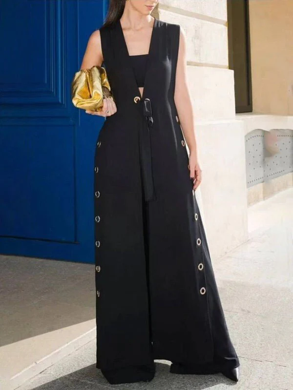 Loose Sleeveless Hollow Split-Joint Split-Side Streamer Deep V-Neck Vest Outerwear - Image 2