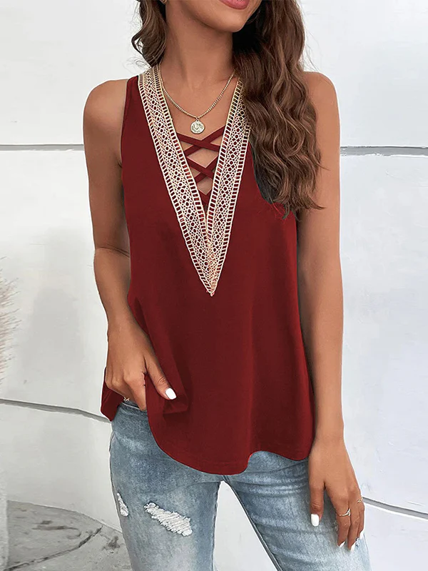 Loose Sleeveless Hollow Split-Joint V-Neck Vest Top - Image 2