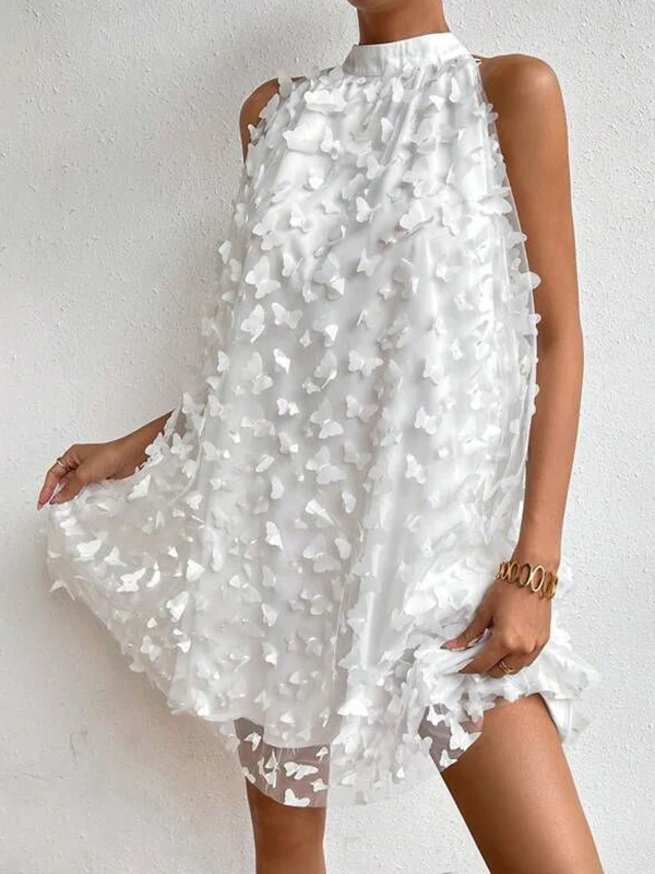 Loose Sleeveless Jacquard Pleated Solid Color Split-Joint Stand Collar Mini Dresses - Image 2