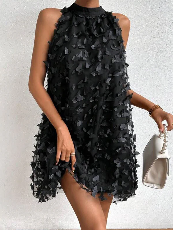 Loose Sleeveless Jacquard Pleated Solid Color Split-Joint Stand Collar Mini Dresses - Image 3