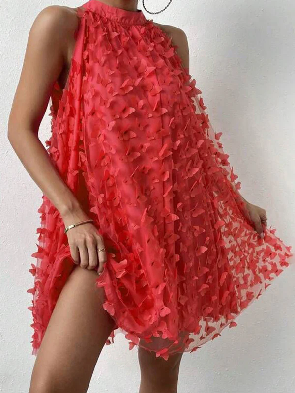 Loose Sleeveless Jacquard Pleated Solid Color Split-Joint Stand Collar Mini Dresses - Image 4