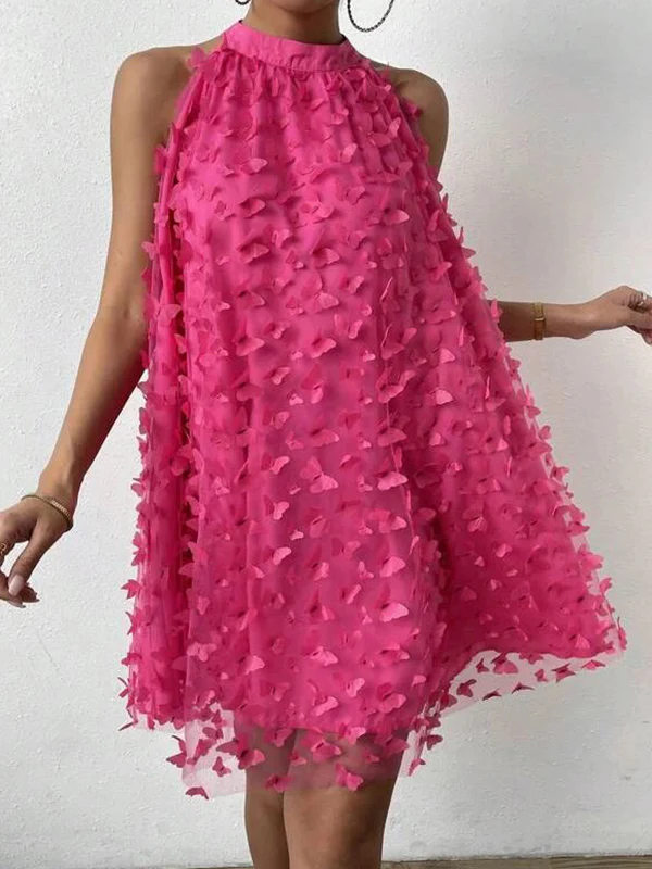 Loose Sleeveless Jacquard Pleated Solid Color Split-Joint Stand Collar Mini Dresses - Image 5