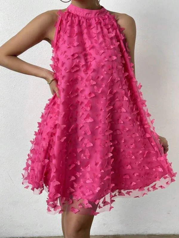 Loose Sleeveless Jacquard Pleated Solid Color Split-Joint Stand Collar Mini Dresses - Image 6