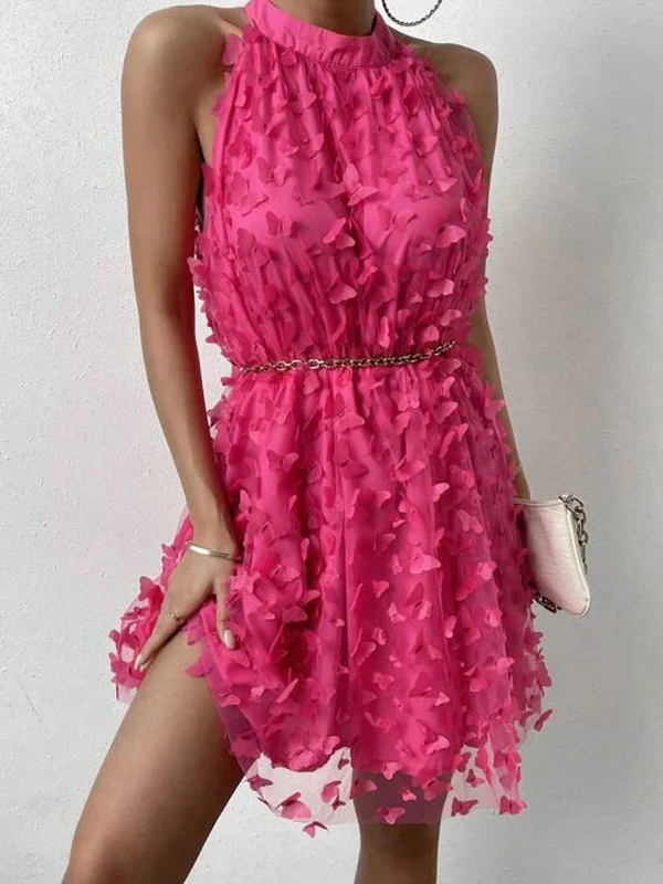 Loose Sleeveless Jacquard Pleated Solid Color Split-Joint Stand Collar Mini Dresses - Image 7