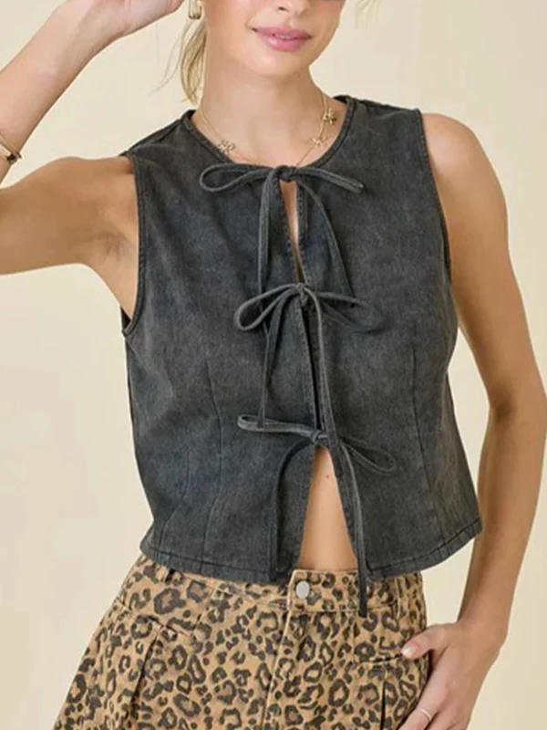 Loose Sleeveless Lace-Up Split-Joint Round-Neck Vest Top - Image 2