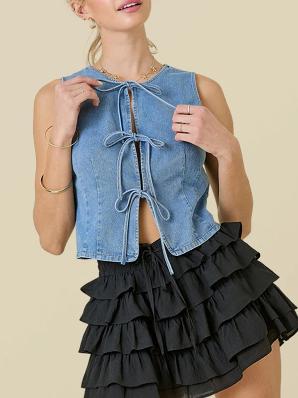 Loose Sleeveless Lace-Up Split-Joint Round-Neck Vest Top - Image 3