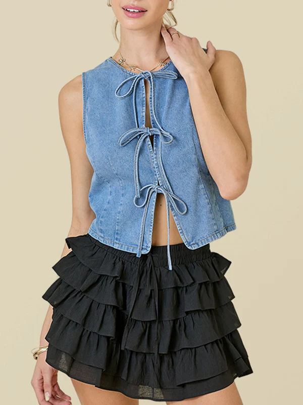 Loose Sleeveless Lace-Up Split-Joint Round-Neck Vest Top - Image 4