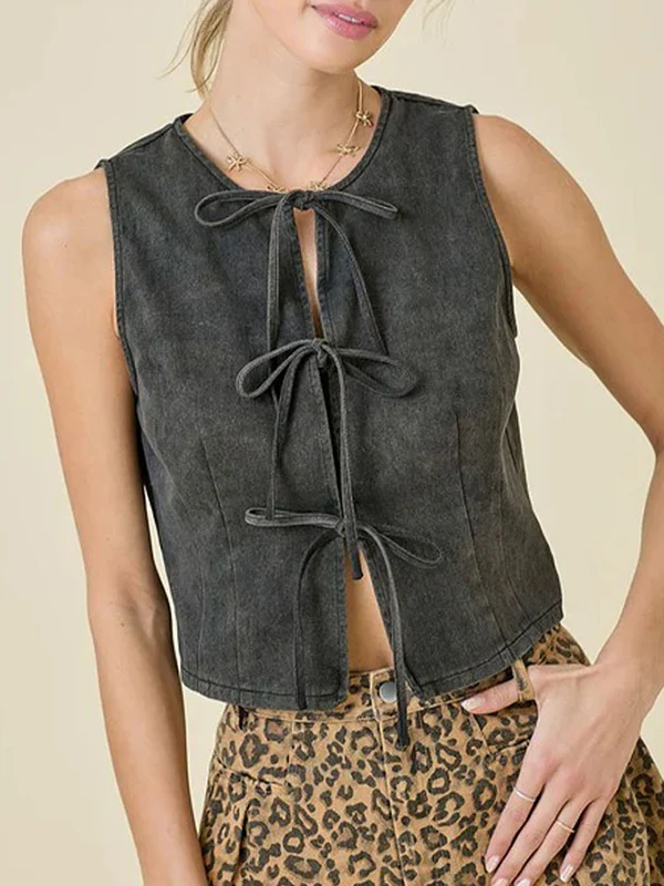 Loose Sleeveless Lace-Up Split-Joint Round-Neck Vest Top - Image 6
