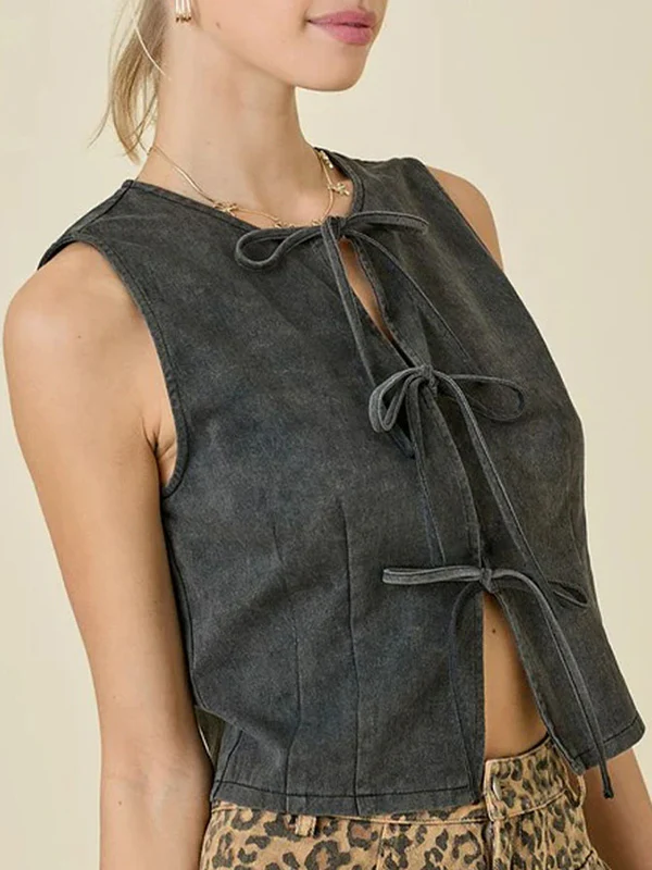 Loose Sleeveless Lace-Up Split-Joint Round-Neck Vest Top - Image 8