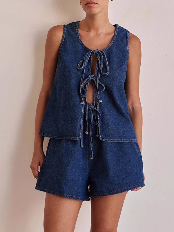 Loose Sleeveless Lace-Up Split-Joint Round-Neck Vest Top - Image 3
