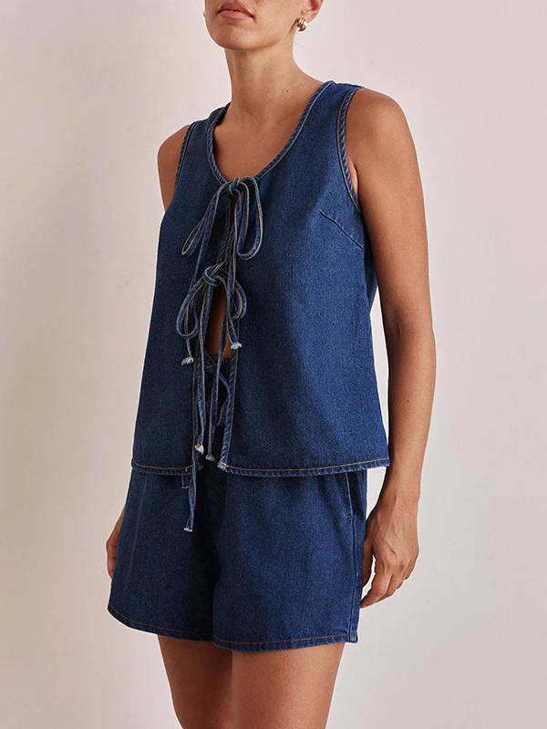 Loose Sleeveless Lace-Up Split-Joint Round-Neck Vest Top - Image 4