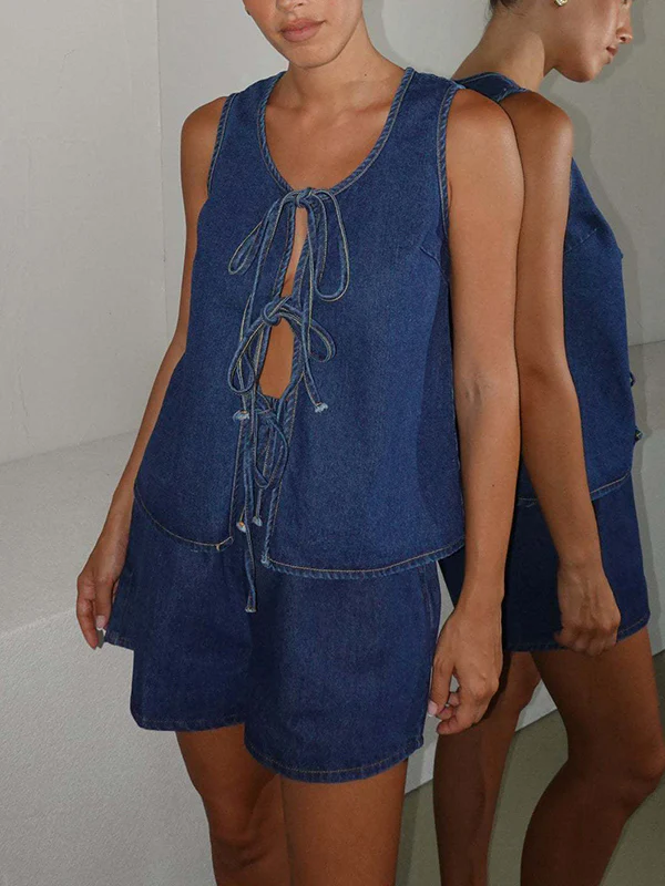Loose Sleeveless Lace-Up Split-Joint Round-Neck Vest Top - Image 5
