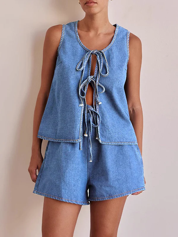 Loose Sleeveless Lace-Up Split-Joint Round-Neck Vest Top - Image 6
