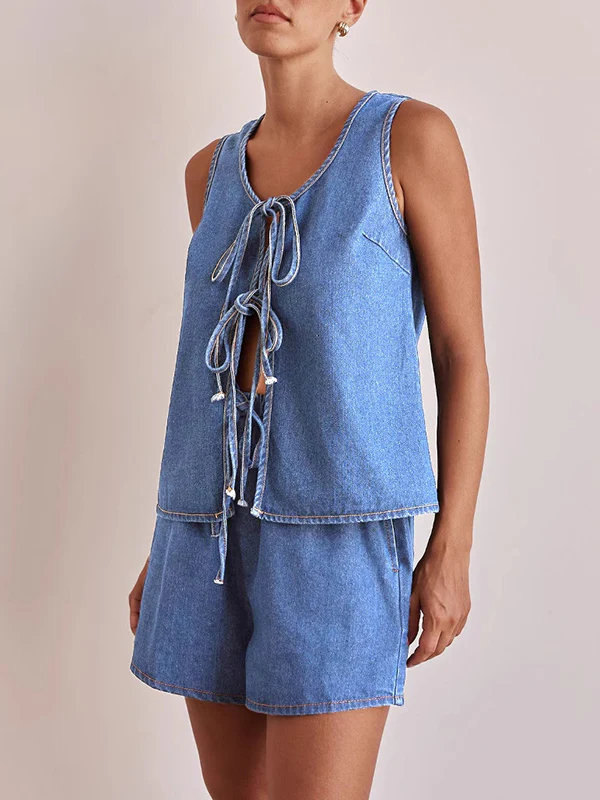 Loose Sleeveless Lace-Up Split-Joint Round-Neck Vest Top - Image 7