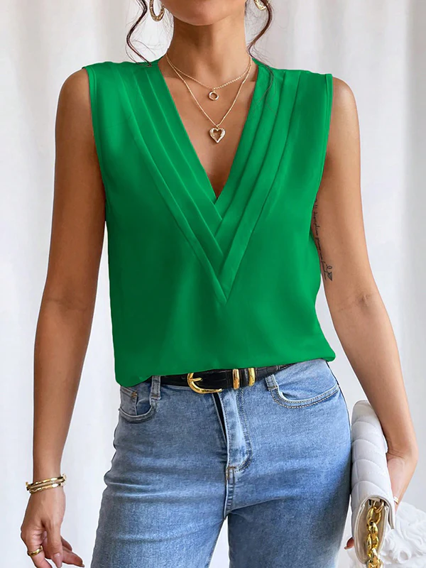 Loose Sleeveless Layered Solid Color V-Neck Vest Top - Image 11