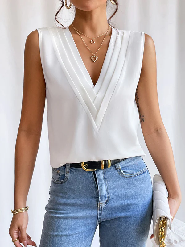 Loose Sleeveless Layered Solid Color V-Neck Vest Top - Image 8